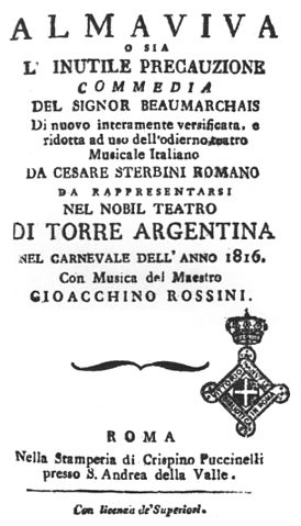 Portada del libreto original de El barbero de Sevilla por Gioachino Rossini, 1816. Portada del libreto original de El barbero de Sevilla por Gioachino Rossini, 1816.